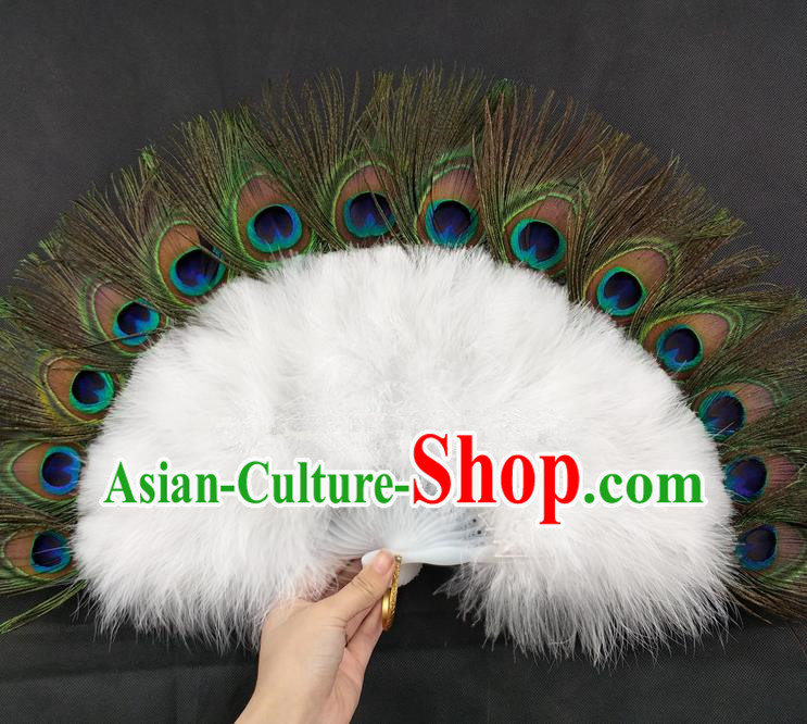 Handmade Princess Peacock Feather Fan Stage Show Fan Belly Dance White Feather Fan Christmas Day Performance Fan