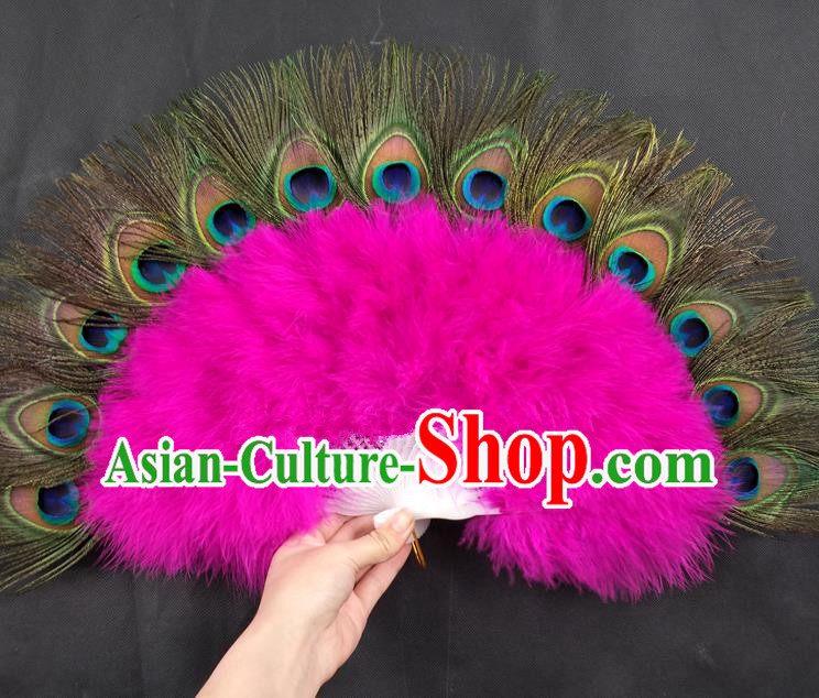 Handmade Christmas Day Performance Fan Princess Peacock Feather Fan Stage Show Fan Belly Dance Rosy Feather Fan