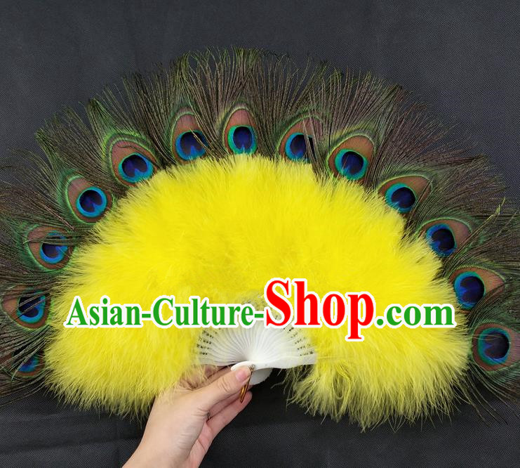 Handmade Belly Dance Yellow Feather Fan Modern Dance Fan Peacock Feather Fan Stage Show Fan