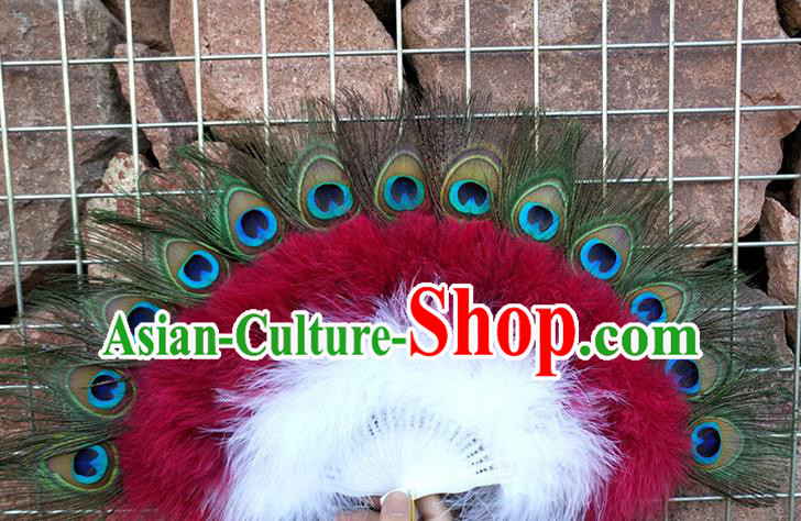 Handmade Wedding Dance Wine Red Feather Fan Belly Dance Peacock Feather Fan Modern Dance Fan Baroque Princess Fan