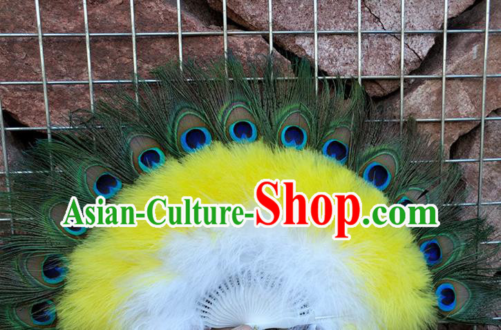 Handmade Yellow Feather Fan Belly Dance Fan Modern Dance Fan Baroque Princess Peacock Feather Fan