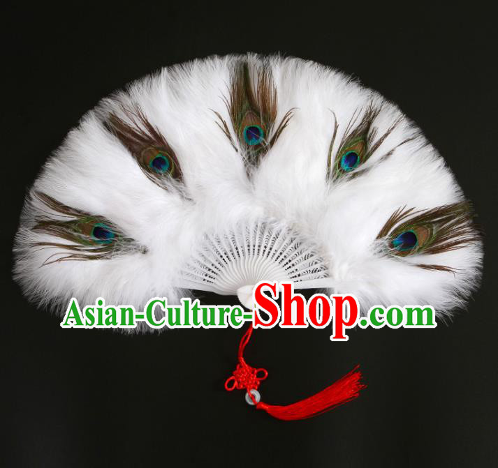 Chinese Ancient Fairy Fan Traditional Hanfu Fan Handmade White Feather Fans Classical Dance Folding Fan