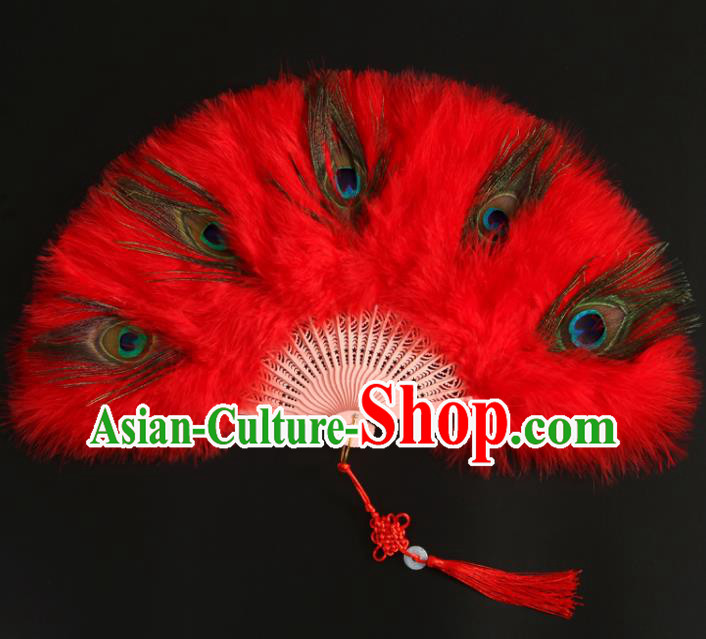 Chinese Handmade Red Feather Fans Classical Dance Folding Fan Ancient Fairy Fan Traditional Hanfu Fan