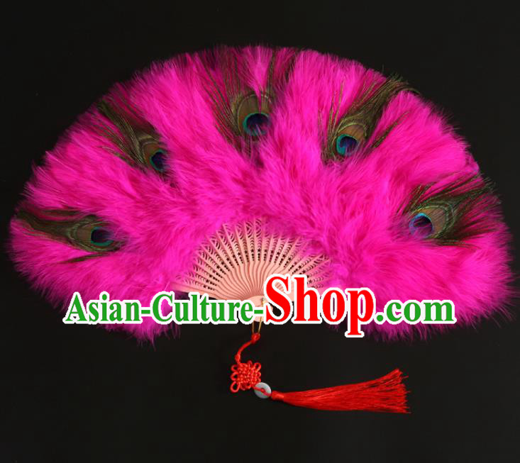 Chinese Traditional Hanfu Fan Handmade Rosy Feather Fans Classical Dance Folding Fan Ancient Fairy Fan