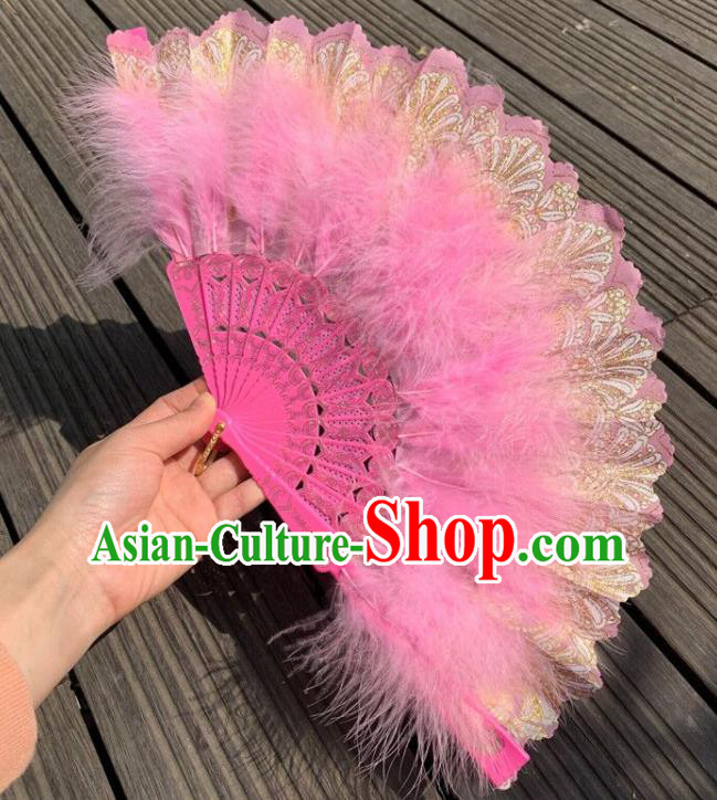 Chinese Traditional Kung Fu Fan Handmade Pink Feather Lace Fans Folk Dance Folding Fan Martial Arts Performance Fan
