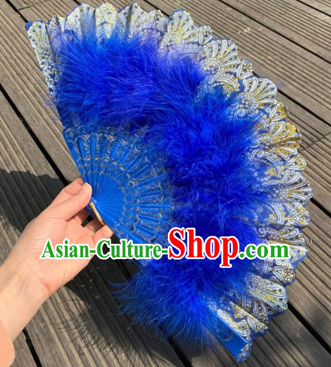 Chinese Kung Fu Fan Traditional Cheongsam Show Fan Handmade Folk Dance Fans Royalblue Feather Folding Fan