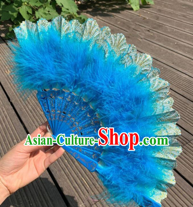 Chinese Blue Feather Folding Fan Kung Fu Fan Traditional Cheongsam Show Fan Handmade Folk Dance Fans
