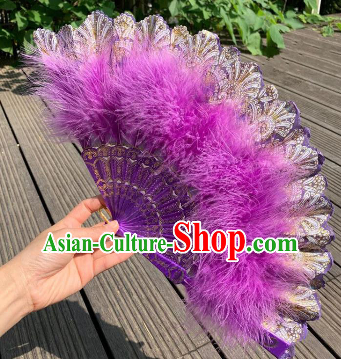 Chinese Traditional Cheongsam Show Fan Handmade Folk Dance Fans Purple Feather Folding Fan Kung Fu Fan