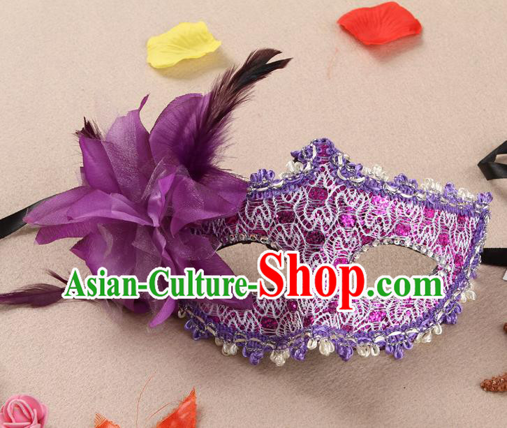 Handmade Cosplay Performance Purple Flower Face Mask Masquerade Ball Headgear Halloween Dancing Party Lace Mask Stage Show Face Accessories