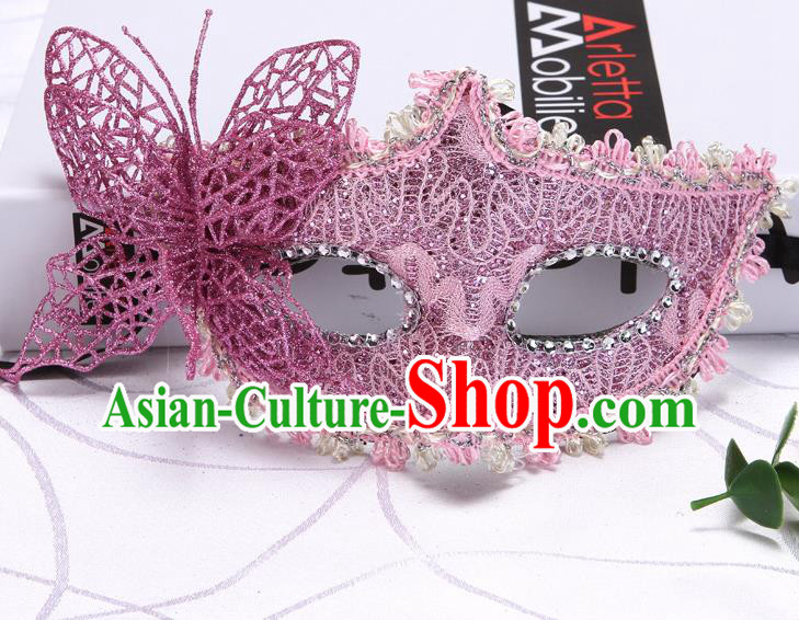 Handmade Stage Show Lace Face Mask Halloween Cosplay Accessories Catwalks Pink Butterfly Mask Masquerade Fancy Ball Headwear