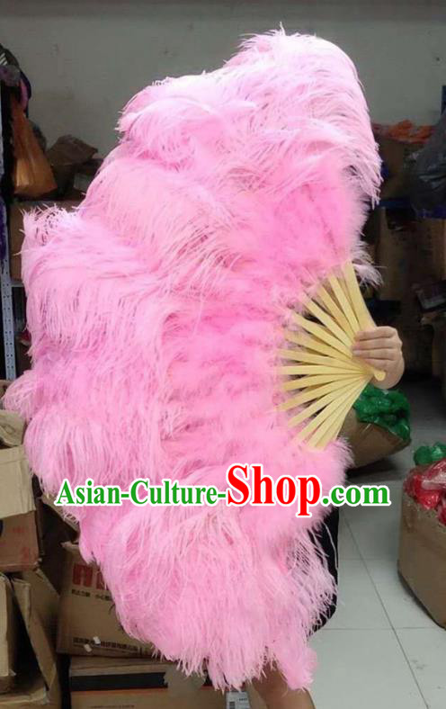 Top Halloween Cosplay Bamboo Folding Fan Folk Dance Large Fan Handmade Pink Ostrich Feather Fan Miami Show Fan