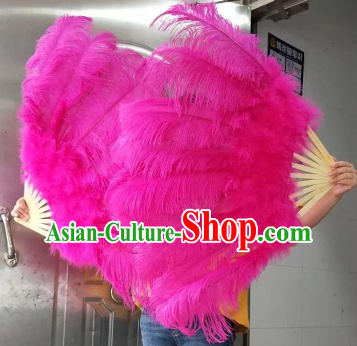 Top Samba Dance Deluxe Feathers Fan Handmade Rosy Ostrich Feather Fan Miami Stage Show Giant Fan Rio Carnival Bamboo Folding Fan