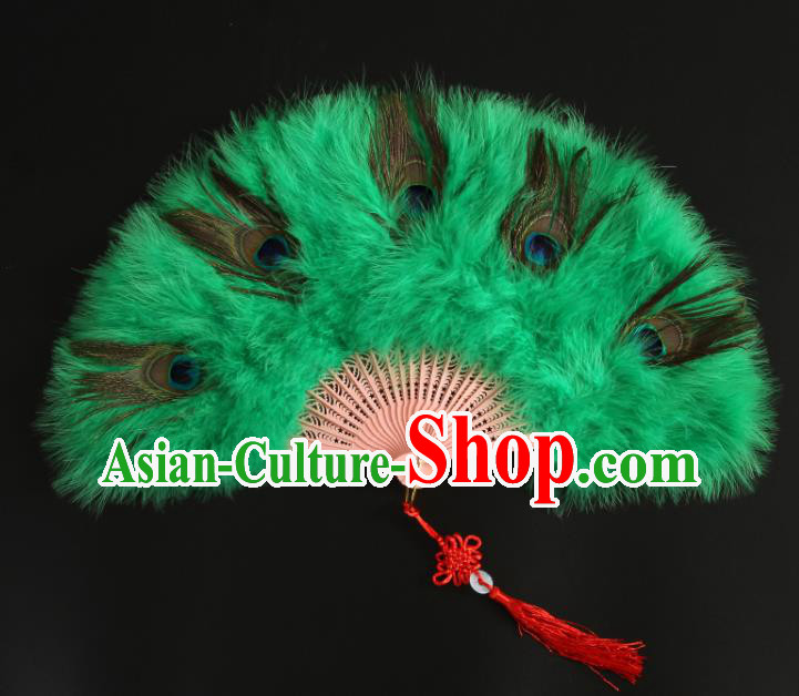 Chinese Stage Show Fan Classical Dance Green Feather Fan Traditional Hanfu Folding Fan Handmade Peacock Feather Fans
