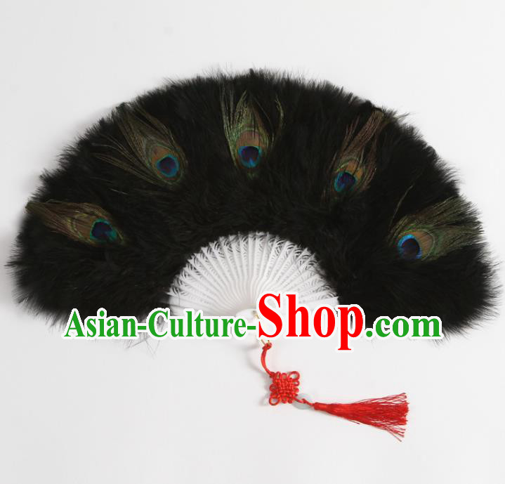 Chinese Folk Dance Black Feather Fan Traditional Hanfu Fan Handmade Peacock Feather Fans Stage Show Folding Fan
