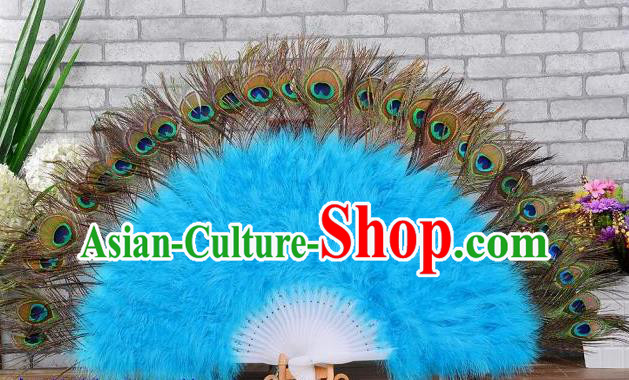 Top Handmade Halloween Cosplay Party Fan Stage Show Blue Villus Fan Belly Dance Folding Fan Samba Dance Peacock Feathers Fan