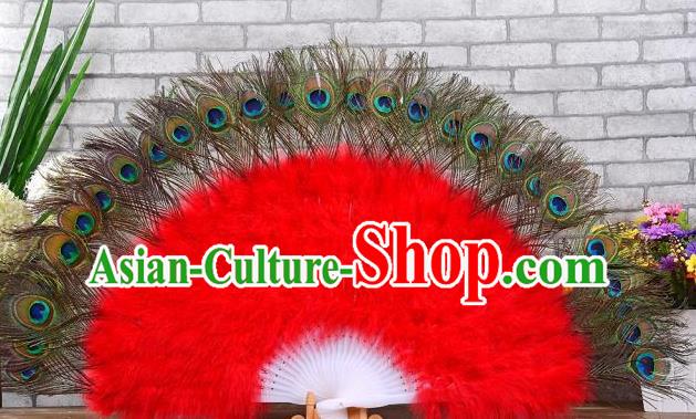 Top Samba Dance Peacock Feathers Fan Handmade Halloween Cosplay Party Fan Stage Show Red Villus Fan Belly Dance Folding Fan