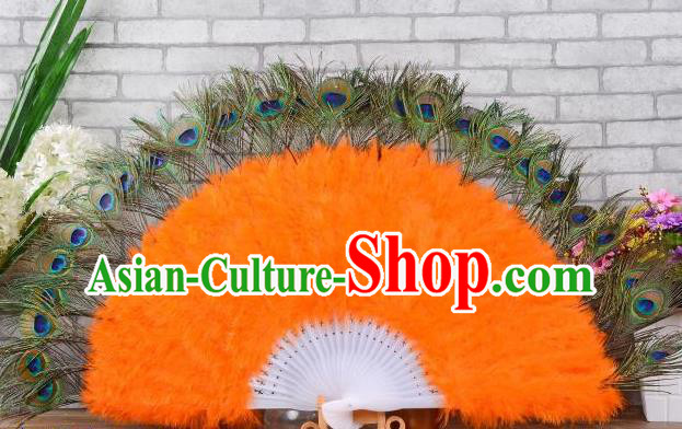 Top Handmade Peacock Feathers Party Fan Opening Dance Orange Villus Fan Belly Dance Folding Fan Halloween Cosplay Performance Fan