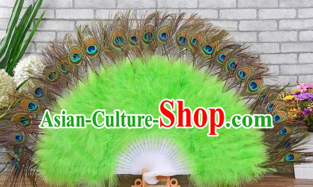 Top Halloween Cosplay Performance Fan Handmade Peacock Feathers Party Fan Opening Dance Green Villus Fan Belly Dance Folding Fan