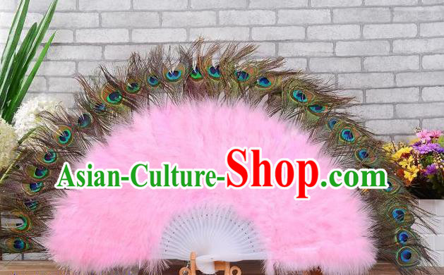 Top Belly Dance Folding Fan Halloween Cosplay Performance Fan Handmade Peacock Feathers Party Fan Opening Dance Pink Villus Fan