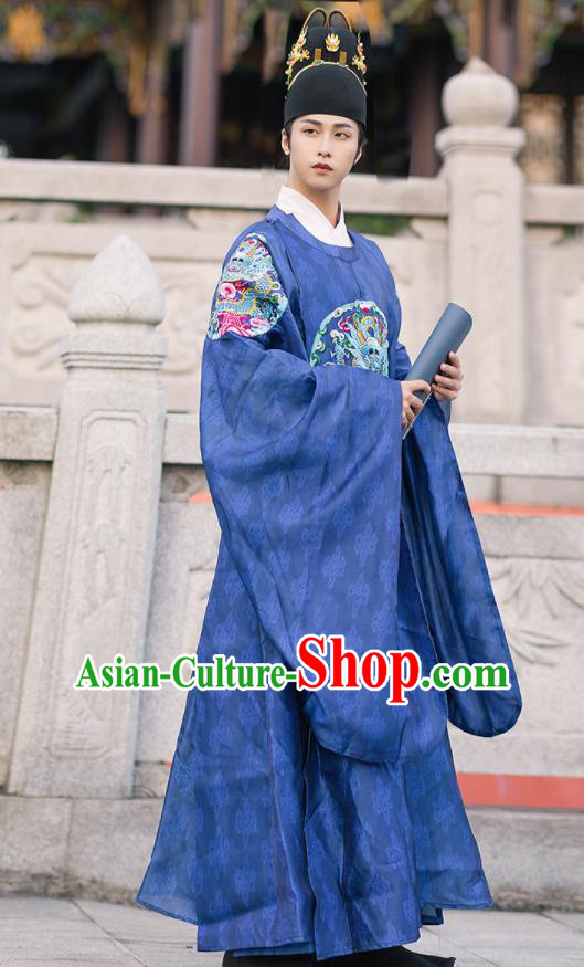 China Ancient Royal Prince Historical Clothing Ming Dynasty Emperor Official Garment Traditional Hanfu Blue Brocade Robe