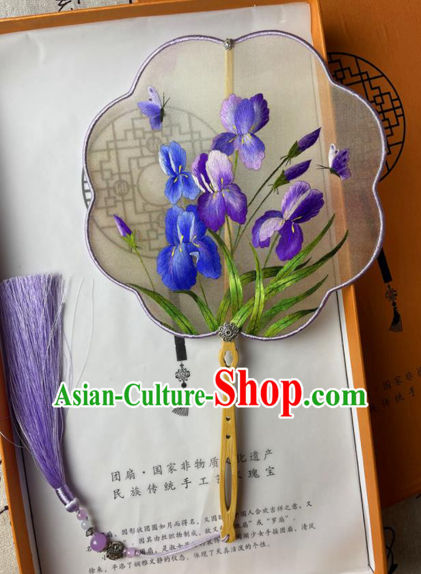 China Suzhou Embroidery Iris Flowers Fan Classical Dance Silk Fan Traditional Palace Fan Handmade Double Sides Embroidered Fan