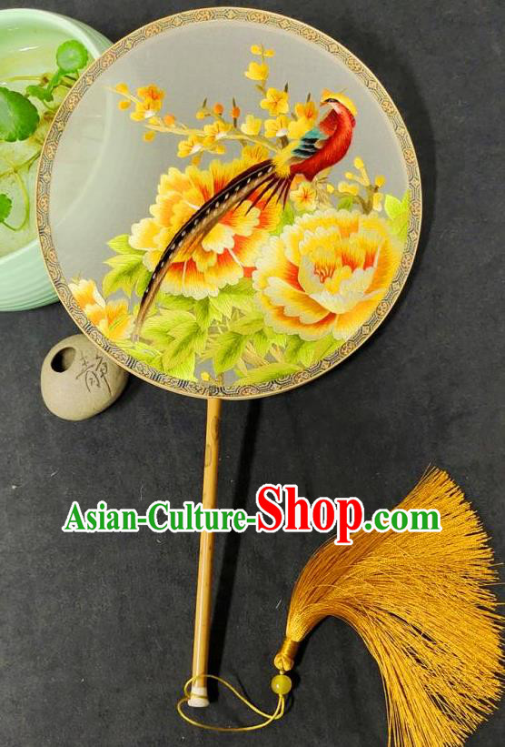 China Classical Dance Palace Fan Hand Suzhou Embroidery Circular Fan Traditional Double Side Embroidered Peony Fan Handmade Silk Fan