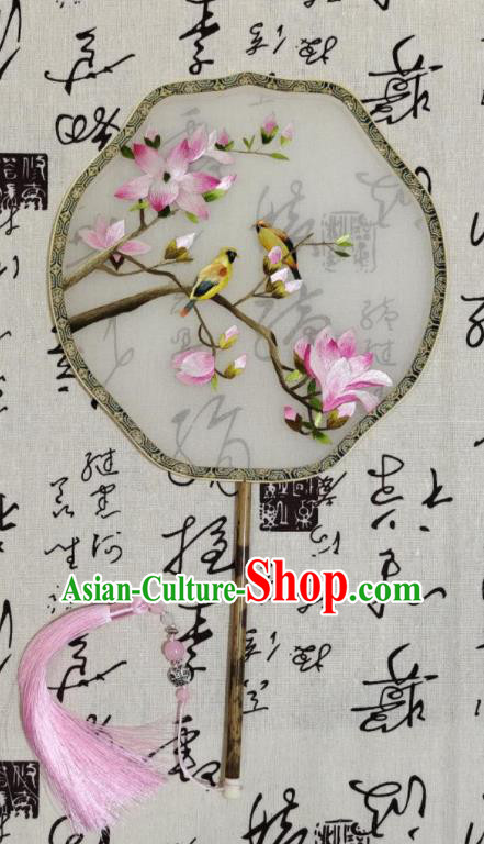 China Classical Dance Palace Fan Hand Suzhou Embroidery Mangnolia Fan Traditional Court Fan Handmade Double Side Silk Fan