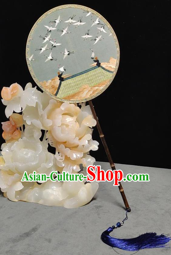 China Handmade Silk Circular Fan Traditional Hanfu Palace Fan Suzhou Embroidery Cranes Fan Classical Dance Fan