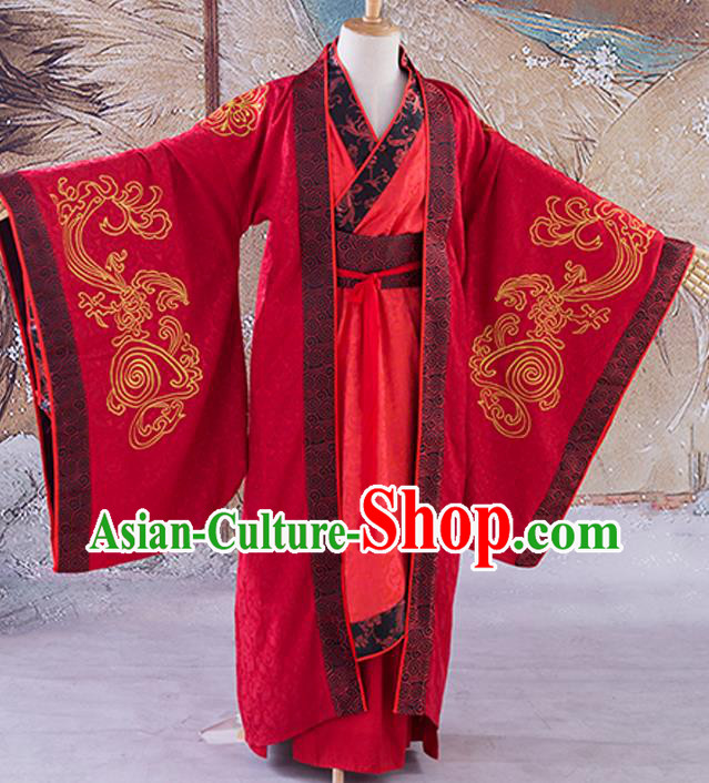 China Ancient Emperor Red Robe Drama Royal Highness Hanfu Clothing Han Dynasty Wedding Bridegroom Garment Costumes