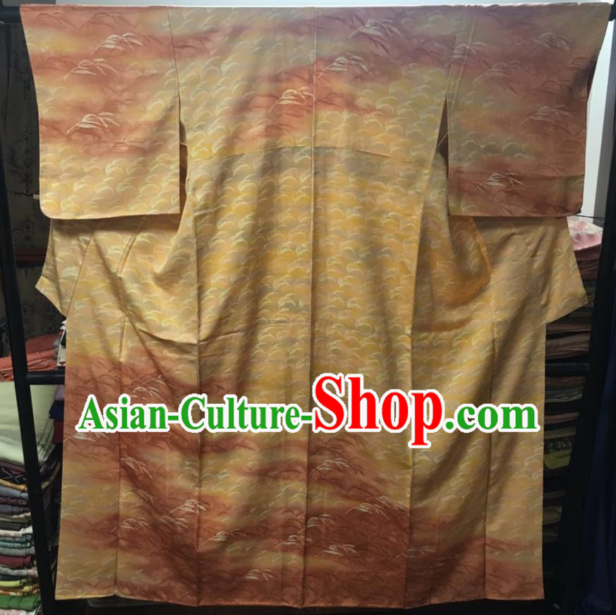 Japan Classical Reeds Pattern Tsukesage Kimono Clothing Young Woman Garment Costume Traditional Ginger Yukata Dress