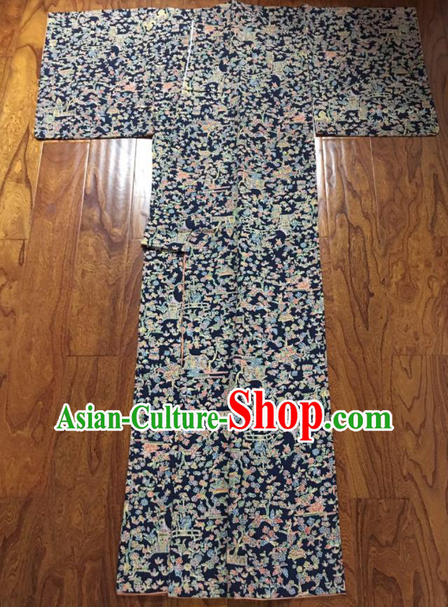Japan Classical Sakura Pattern Edo Komon Kimono Clothing Young Woman Garment Costume Traditional Navy Yukata Dress