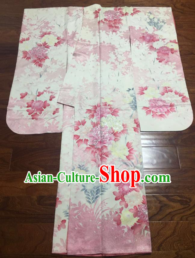 Japan Wedding Bride Garment Costume Traditional White Yukata Dress Classical Peony Pattern Furisode Kimono Clothing