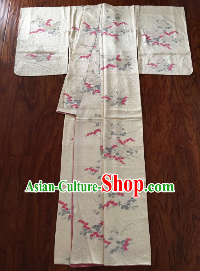 Japan Traditional Beige Silk Yukata Dress Classical Flowers Pattern Tsukesage Kimono Clothing Wedding Bride Garment Costume