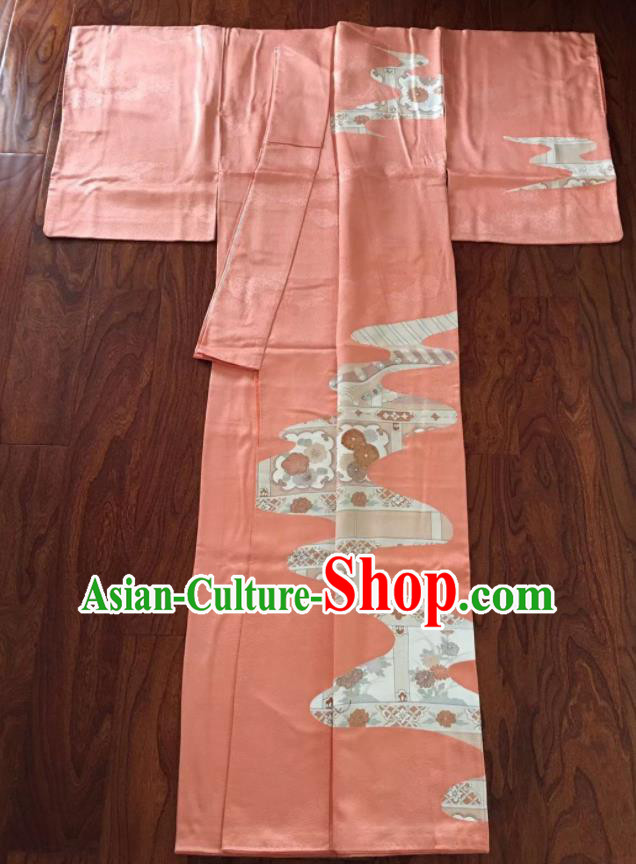 Japan Traditional Pink Yukata Dress Classical Chrysanthemum Pattern Tsukesage Kimono Clothing Summer Festival Garment Costume