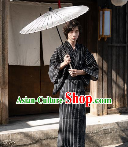 Japanese Stage Performance Male Kimono Clothing Ancient Samurai Apparel Asian Traditional Black Yukata Robe