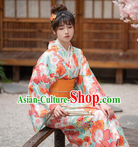 Japan Traditional Summer Festival Kimono Costume Hanabi Taikai Printing Sakura Light Green Yukata Dress Young Lady Fashion Garment