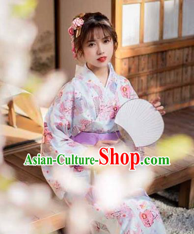 Japan Summer Festival Printing Peach Blossom Blue Yukata Dress Young Lady Stage Performance Fashion Garment Traditional Kimono Costume