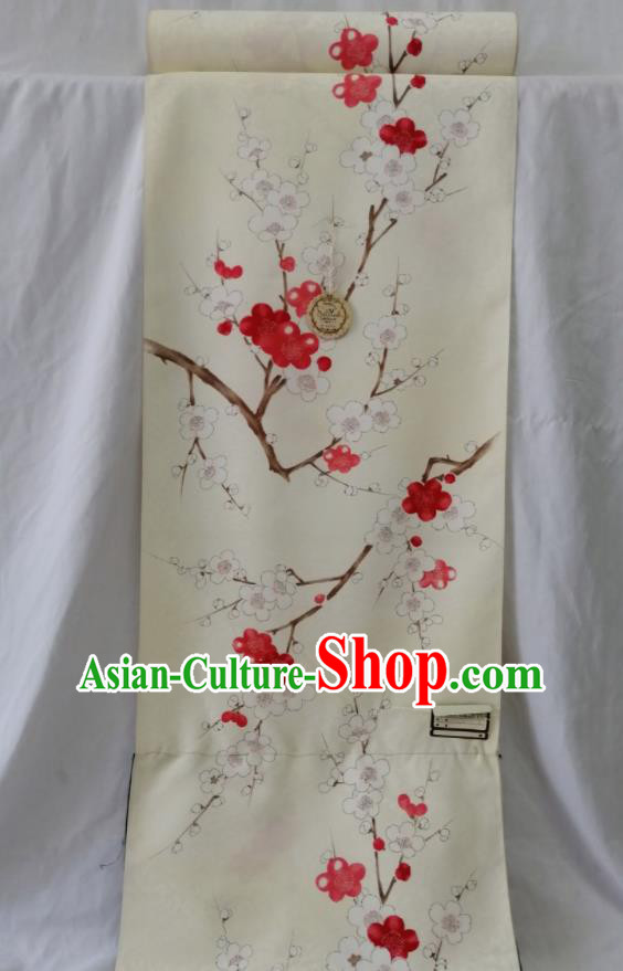 Japanese Classical Plum Blossom Pattern Beige Waistband Women Kimono Dress Corset Accessories Traditional Yukata Belt