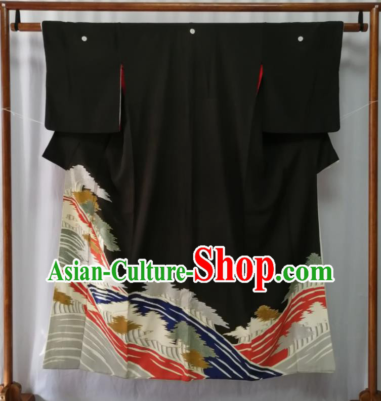 Asian Stage Performance Apparel Traditional Black Yukata Robe Japanese Male Kurotomesode Kimono Clothing