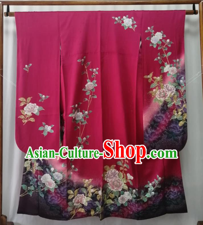 Japan Traditional Peony Pattern Furisode Kimono Clothing Orthodox Wedding Garment Costume Kyoto Rosy Yukata Dress