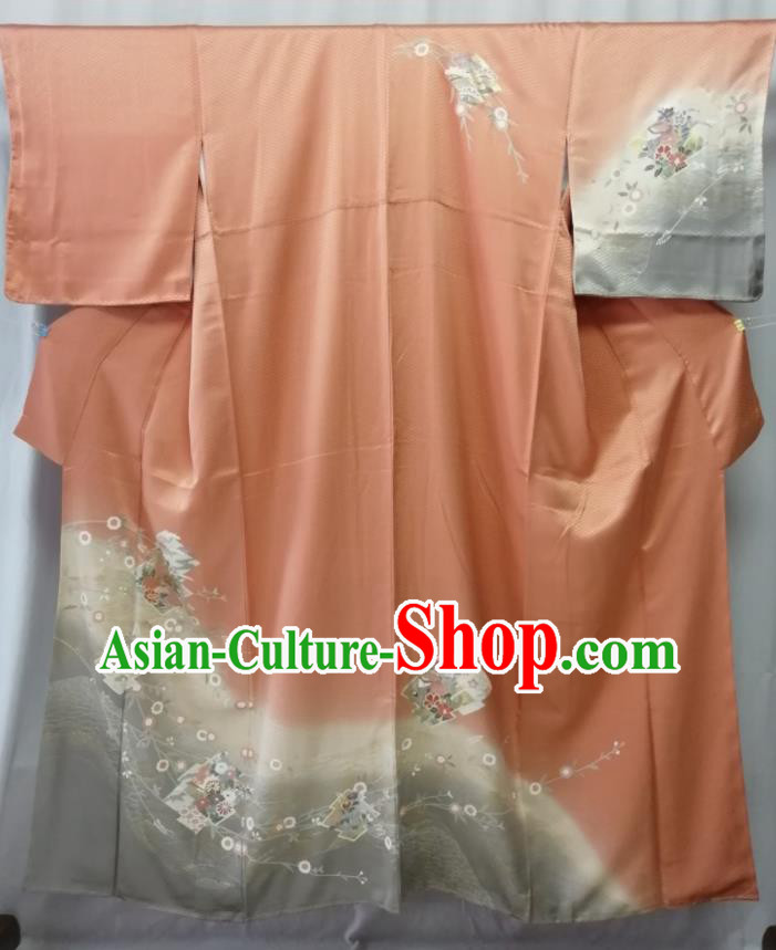 Japan Court Woman Garment Costume Kyoto Embroidered Orange Yukata Dress Traditional Pattern Tsukesage Kimono Clothing