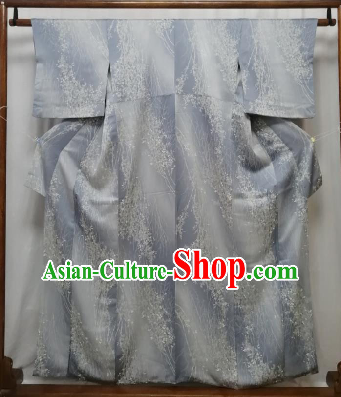 Japan Kyoto Grey Silk Yukata Dress Traditional Pattern Edo Komon Kimono Clothing Court Woman Garment Costume
