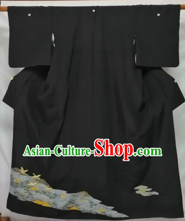 Japanese Male Kurotomesode Kimono Clothing Asian Stage Performance Apparel Traditional Embroidered Black Yukata Robe