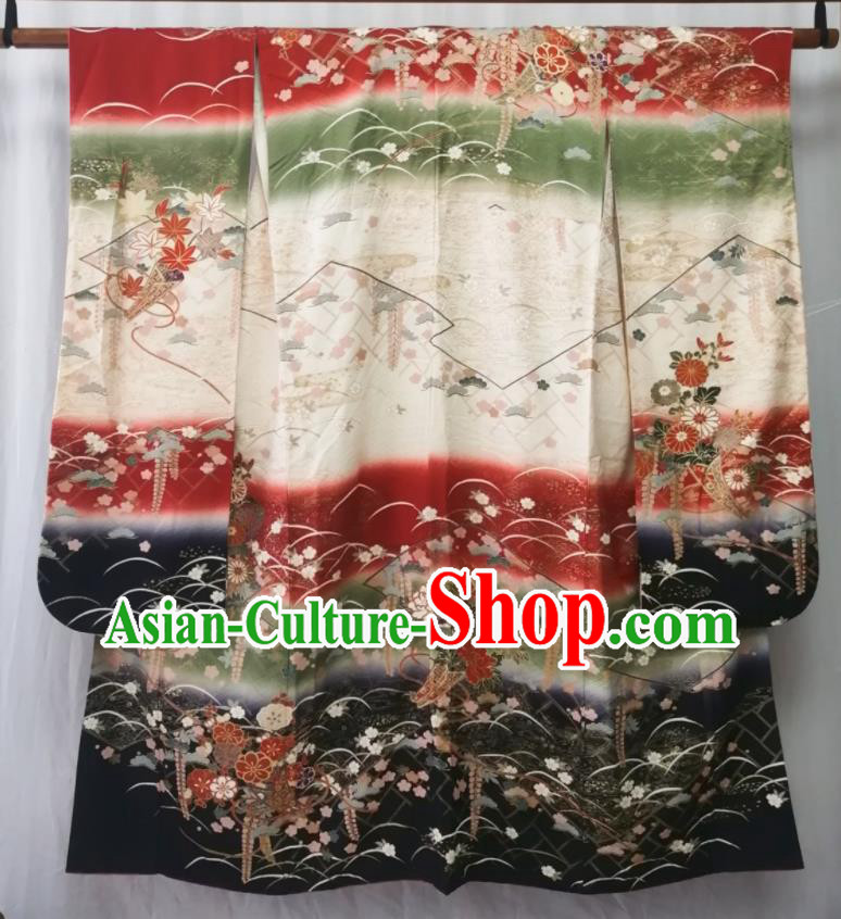 Japan Kyoto Wedding Silk Yukata Dress Traditional Flowers Pattern Furisode Kimono Clothing Court Queen Garment Costume