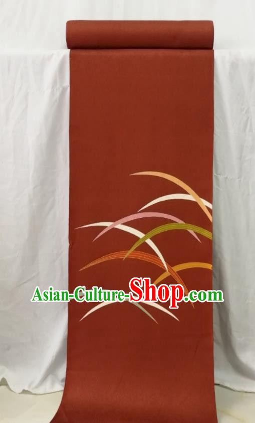 Japanese Traditional Yukata Belt Rust Red Silk Fabric Classical Embroidered Pattern Waistband Material Women Kimono Dress Corset Accessories