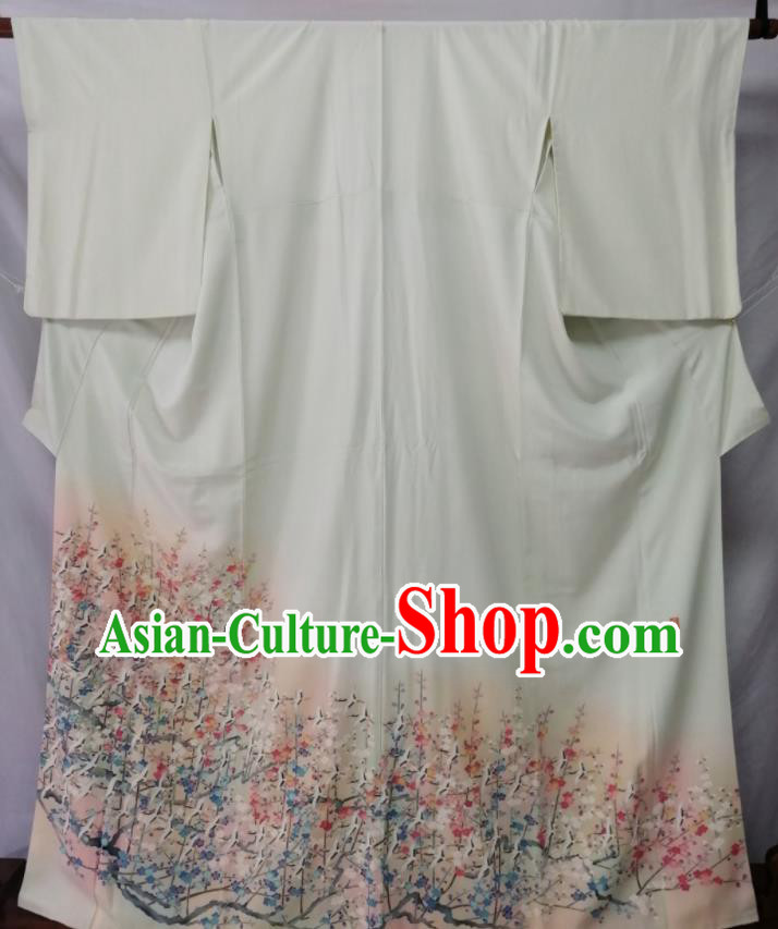 Japan Young Lady Garment Costume Kyoto Beige Yukata Dress Traditional Cranes Plum Pattern Uchikake Kimono Clothing