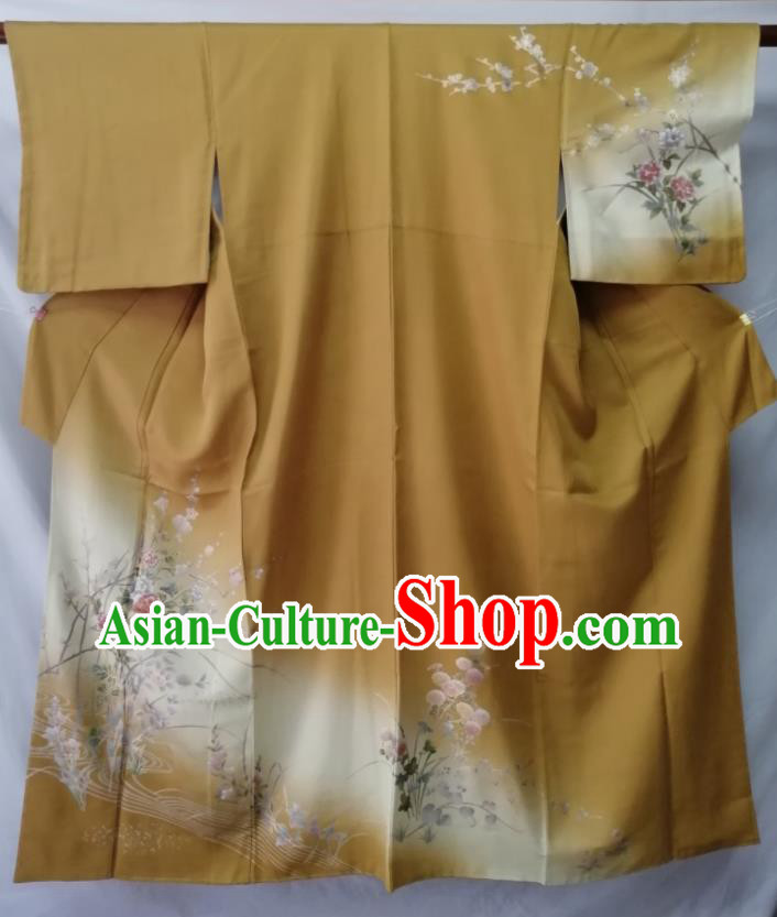 Japan Traditional Plum Peony Pattern Tsukesage Kimono Clothing Young Lady Garment Costume Kyoto Ginger Yukata Dress