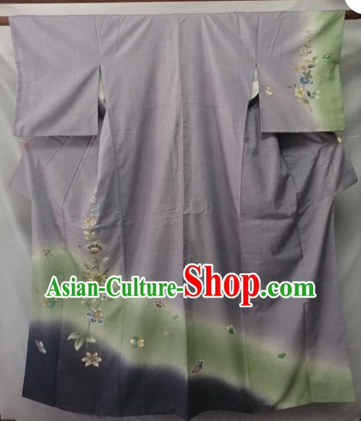 Asian Stage Performance Apparel Japanese Traditional Grey Yukata Robe Male Tsukesage Kimono Clothing