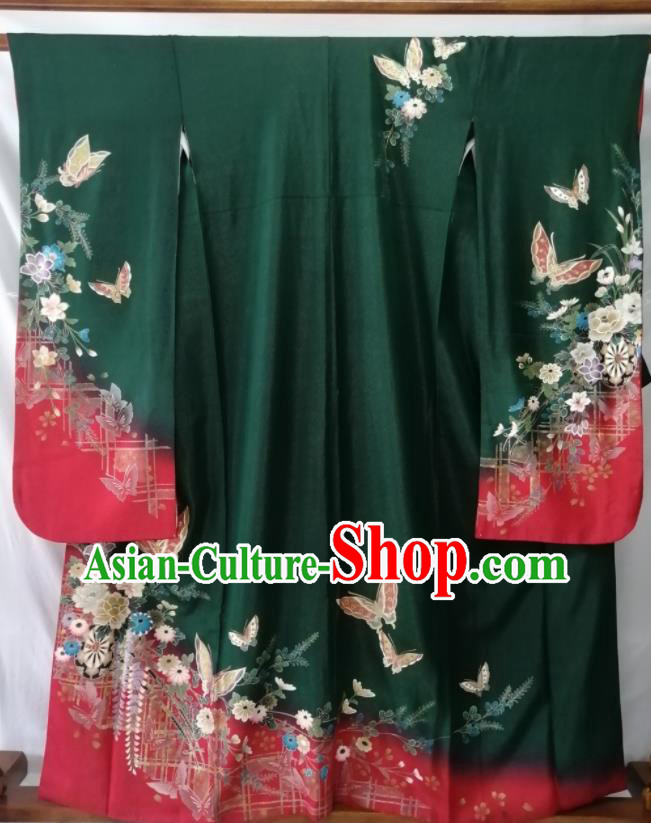 Japan Empress Garment Costume Kyoto Deep Green Silk Yukata Dress Traditional Butterfly Pattern Furisode Kimono Clothing