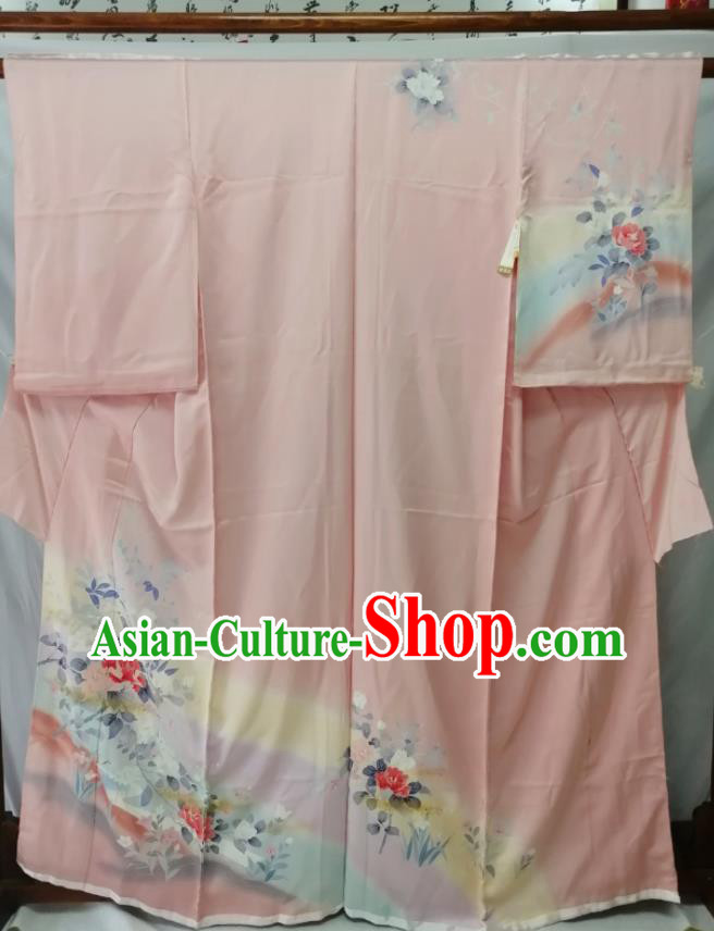 Japan Young Woman Garment Costume Kyoto Printing Pink Yukata Dress Traditional Peony Pattern Tsukesage Kimono Clothing